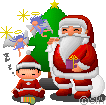 クリスマスツリーの側で寝ている子にサンタクロースがプレゼントを持ってくる