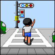 屋外の絵カード：手を上げて横断歩道を渡る