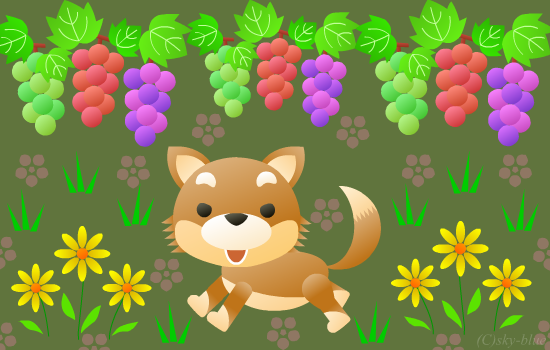 葡萄と花の柴犬のカード：PNG画像