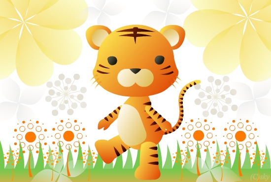 背景が花いっぱいの虎のカード：JPG画像