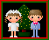 クリスマスツリーをバックに降ってくる雪に感激している男の子と女の子のアニメ（額入り）