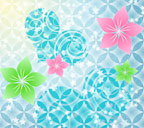 クリーム色から青色へのグラデーョン背景の巻き蔓模様ハートと花のスマートフォン壁紙