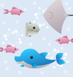 海で泳ぐ「イルカ、エイ、まんぼう、魚」の静止画