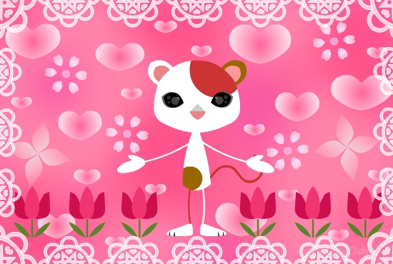 ハートとチューリップが背景の猫のカード：JPG画像