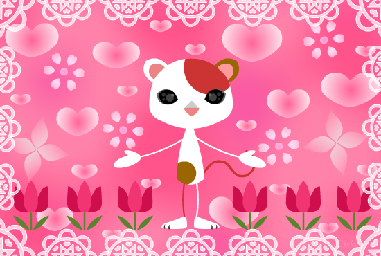 ハートとチューリップが背景の猫のカード：PNG画像