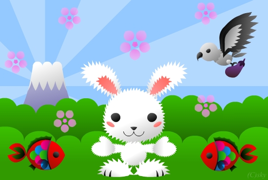 富士山、鷹、鯛が背景の白うさぎのカード：JPG画像