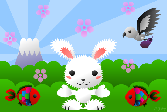 富士山、鷹、鯛が背景の白うさぎのカード：PNG画像