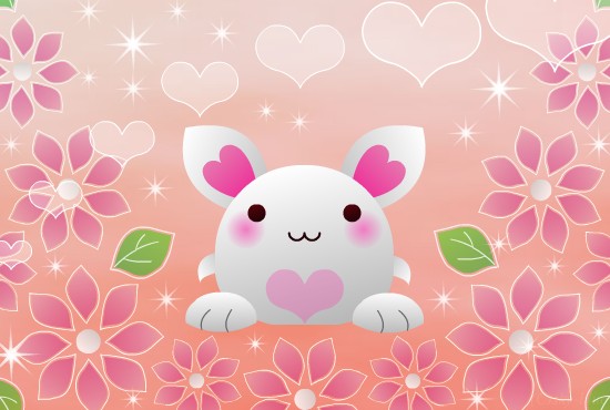 花とハートと星がいっぱいの丸いうさぎのカード：JPG画像