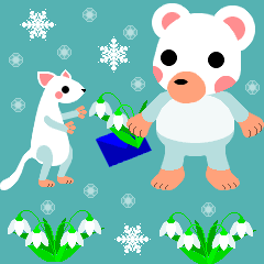 白熊とオコジョとスノードロップのピクセルアート
