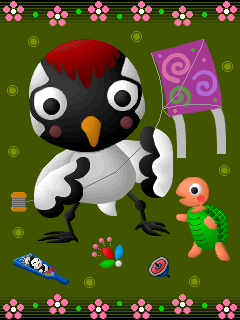 鶴と亀が凧揚げやコマ回しで遊ぶピクセルアート