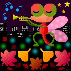 夜の街で虫がラッパを吹くピクセルアート