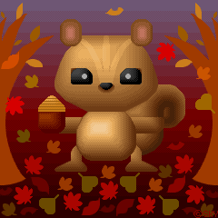 落ち葉の中でドングリを持つリスのピクセルアート