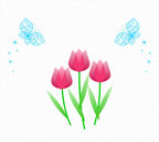 白色背景のチューリップと青い蝶のスマートフォン壁紙