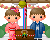 初詣で拝んでいる男の子と女の子のアニメ（額無し）