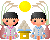 お月見でだんごを食べている男の子と女の子のアニメ（額無し）
