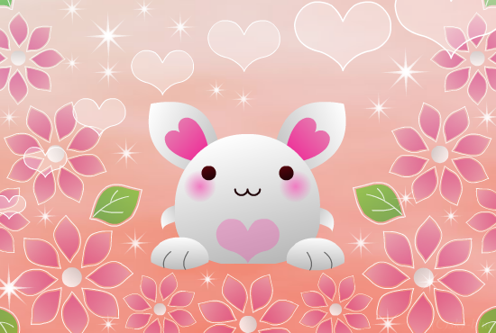 花とハートと星がいっぱいの丸っこいうさぎのカード（赤系の背景色）：PNG画像