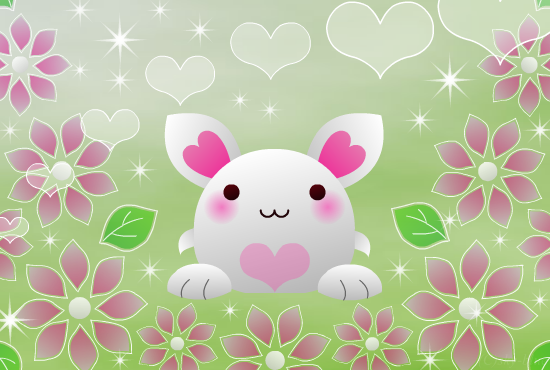 花とハートと星がいっぱいの丸っこいうさぎのカード（緑系の背景色）：PNG画像