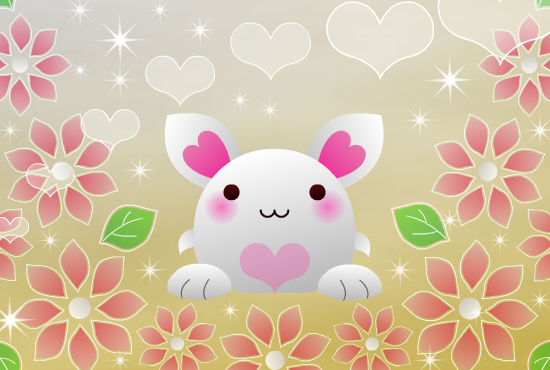 花とハートと星がいっぱいの丸っこいうさぎのカード（オリーブ系の背景色）：PNG画像