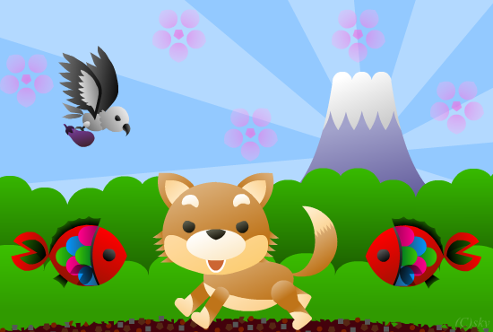 富士山、鷹、鯛が背景の柴犬のカード：PNG画像