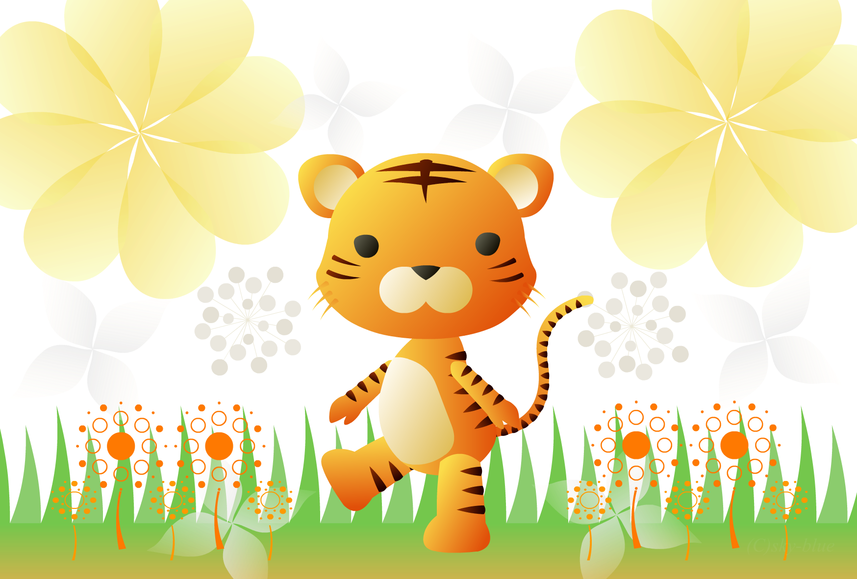 背景が花いっぱいの虎のカード：PNG画像