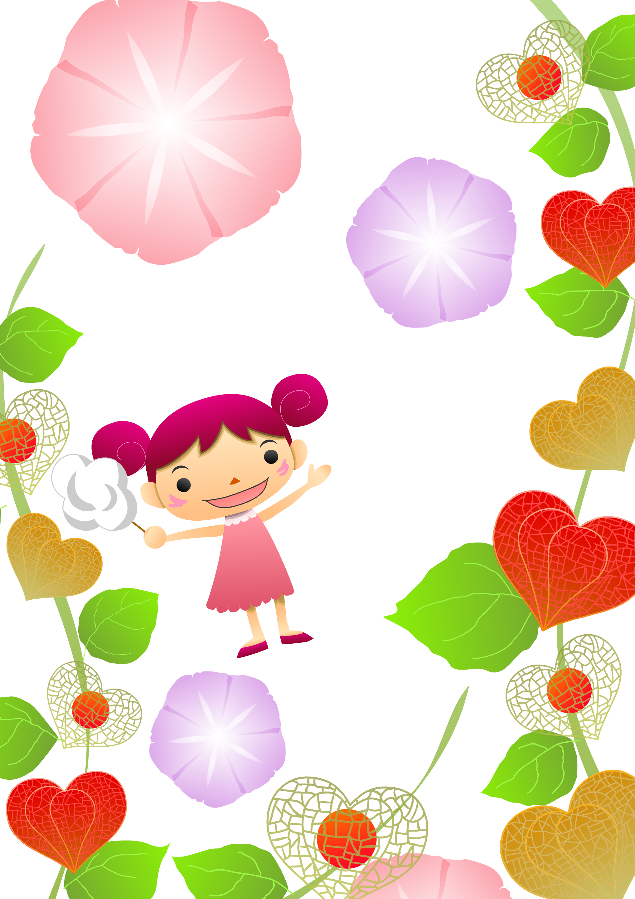 朝顔と鬼灯と女の子のポスター用壁紙：PNG画像